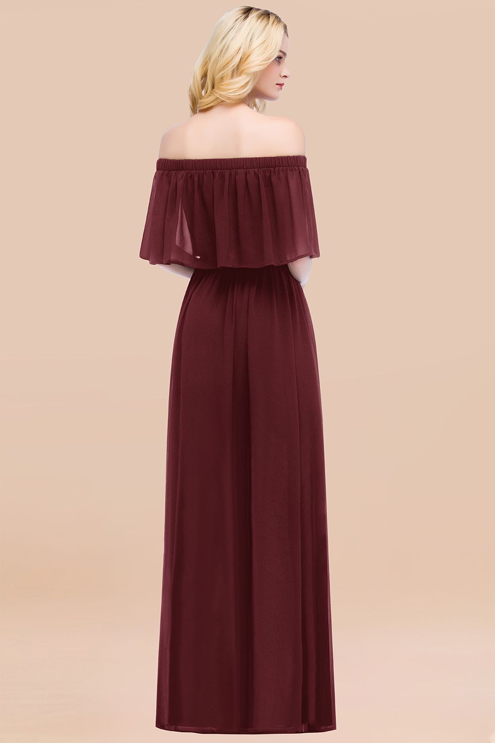 Vintage Off-the-Shoulder Long Burgundy Bridesmaid Dresses with Ruffle