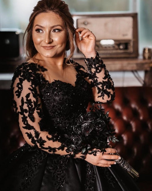 Vintage Princess Black Wedding Dresses with Sleeves-misshow.com