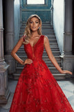 Vintage Red V-Neck Sleeveless A-Line Tulle Prom Dresses with Applique-misshow.com