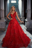 Vintage Red V-Neck Sleeveless A-Line Tulle Prom Dresses with Applique-misshow.com