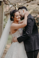 Vintage Spaghetti Strap Sleeveless A-Line Floor-Length Tulle Wedding Dresses with Beading-misshow.com