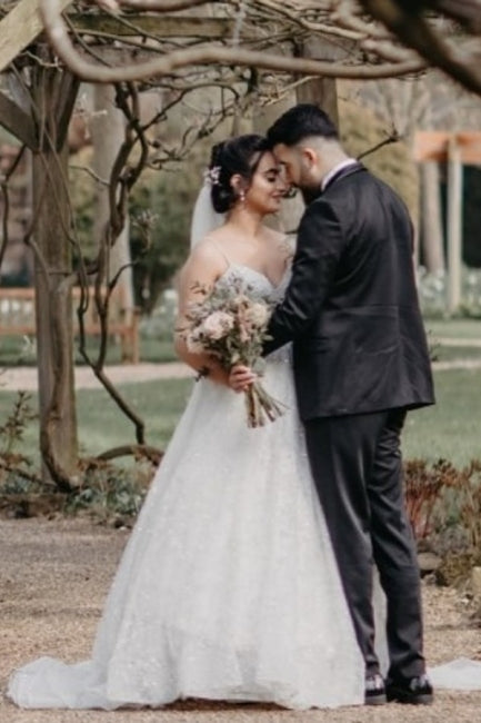 Vintage Spaghetti Strap Sleeveless A-Line Floor-Length Tulle Wedding Dresses with Beading-misshow.com