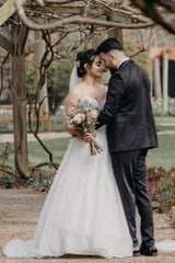 Vintage Spaghetti Strap Sleeveless A-Line Floor-Length Tulle Wedding Dresses with Beading-misshow.com