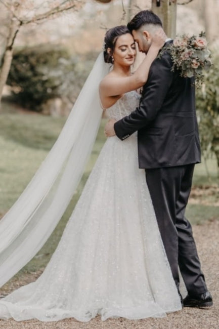 Vintage Spaghetti Strap Sleeveless A-Line Floor-Length Tulle Wedding Dresses with Beading-misshow.com