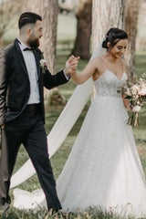 Vintage Spaghetti Strap Sleeveless A-Line Floor-Length Tulle Wedding Dresses with Beading-misshow.com