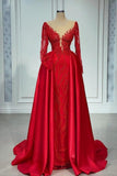 Vintage V-neck Lace Long Sleeves A-Line Prom Dresses Evening Gown-misshow.com