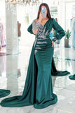 Vintage V-neck long sleeves column mermaid Prom dresses with ruffles