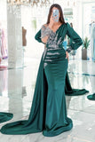 Vintage V-neck long sleeves column mermaid Prom dresses with ruffles-misshow.com