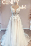 Vintage v-neck sleeveless a-line backless lace Wedding dresses-misshow.com