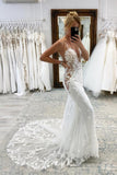 Vintage White Long Mermaid V-neck Lace Wedding Dresses-misshow.com