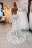 Vintage White Long Mermaid V-neck Lace Wedding Dresses-misshow.com
