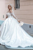 Vintage White Long Sleeve Ball Gown Satin Wedding Dresses With Lace
