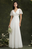Vintage white V-Neck Short-Sleeves A-Line Floor-Length Tulle Prom Dresses-misshow.com