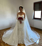 White A-line Lace Mermaid Wedding Gown with Detachable Sweep Train-misshow.com