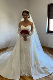White A-line Lace Mermaid Wedding Gown with Detachable Sweep Train-misshow.com