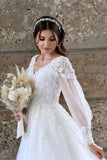 White A-line Long Sleeves Tulle Wedding Dress With Lace-misshow.com