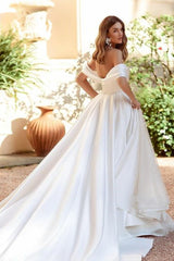 White A-line Sequined Off-the-shoulder Wedding Dress With Ruffles-misshow.com