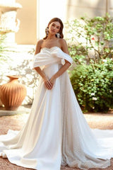White A-line Sequined Off-the-shoulder Wedding Dress With Ruffles-misshow.com