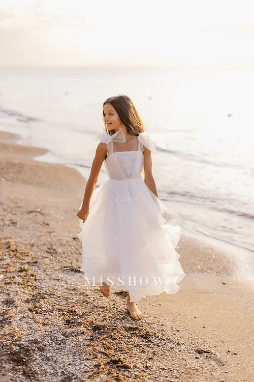 White A-line Sleeveless Straps Flower Girls Dress With Pearl White A-line Sleeveless Straps Flower Girls Dress With Pearl