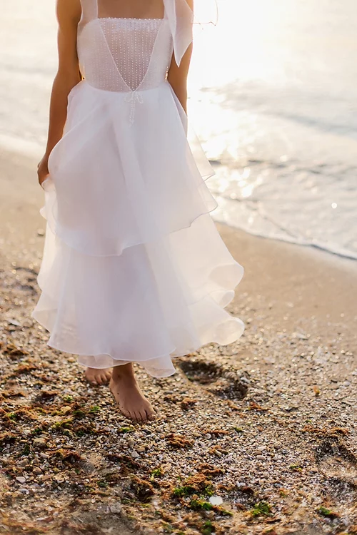 White A-line Sleeveless Straps Flower Girls Dress With Pearl-misshow.com