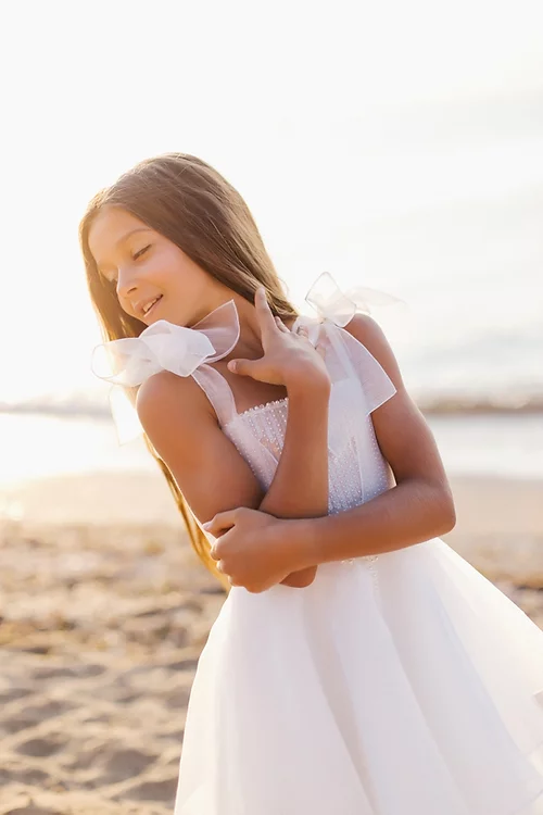 White A-line Sleeveless Straps Flower Girls Dress With Pearl-misshow.com