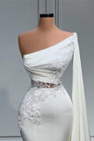 White Asymmetric One Shoulder Mermaid Stretch Satin Prom Dress-misshow.com