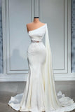 White Asymmetric One Shoulder Mermaid Stretch Satin Prom Dress-misshow.com