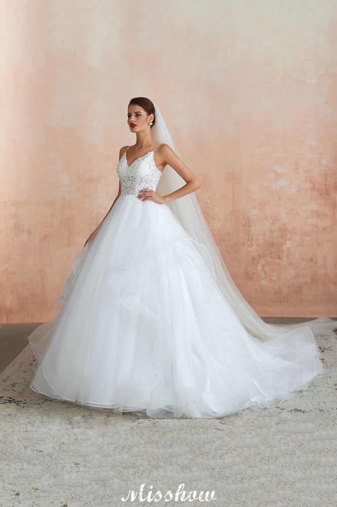 White Ball Gown Wedding Dress with Chapel Train Spaghetti Strap