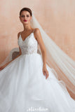 This elegant V-neck,Spaghetti Straps Tulle wedding dress with Lace could be custom made in plus size for curvy women. Plus size Sleeveless A-line,Ball Gown,Princess bridal gowns are classic yet cheap.