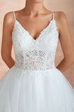 This elegant V-neck,Spaghetti Straps Tulle wedding dress with Lace could be custom made in plus size for curvy women. Plus size Sleeveless A-line,Ball Gown,Princess bridal gowns are classic yet cheap.