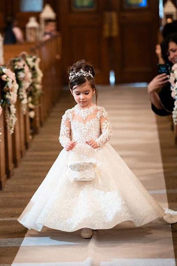 White Flower Girls Dresses With Long Sleeves Appliques-misshow.com