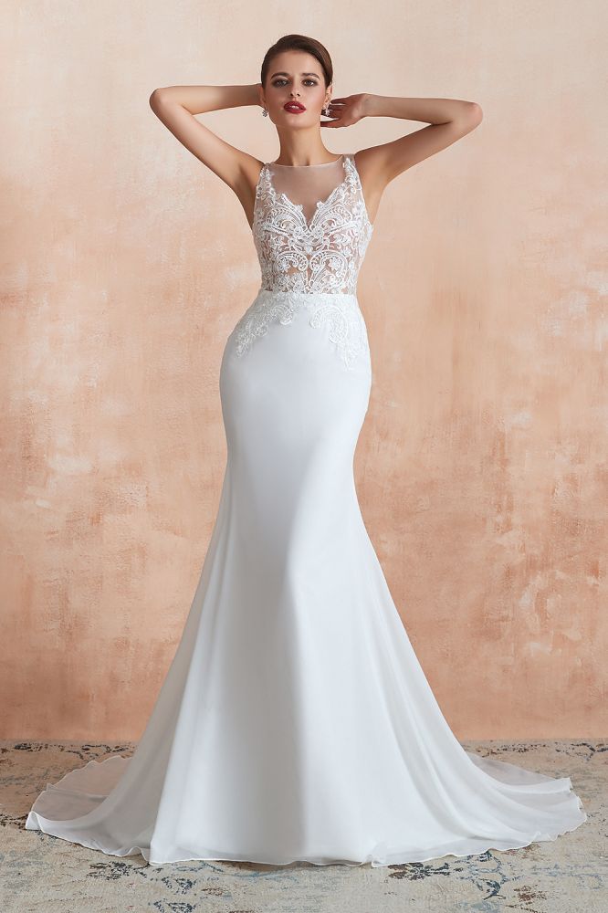 MISSHOW offers White Illusion Neck Column Wedding Dress Sleeveless Bridal Gowns at a good price from White,Ivory,100D Chiffon to A-line Floor-length them. Stunning yet affordable Sleeveless .