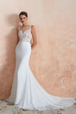 White Illusion Neck Column Wedding Dress Sleeveless Bridal Gowns