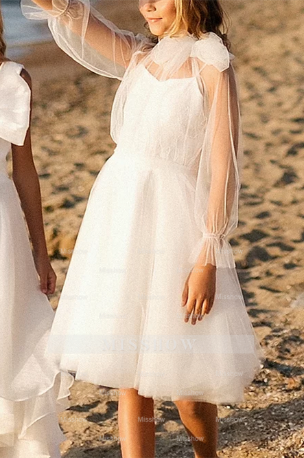 White Long Sleeves A-line Halter Flower Girls Dress White Long Sleeves A-line Halter Flower Girls Dress