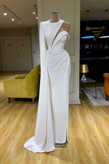 White One Shoulder Satin Mermaid Prom Evening Dresses High Neck slim Evening Maxi Dress-misshow.com