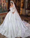 White Satin A-line Lace V-neck Wedding Dresses With Long Sleeves-misshow.com