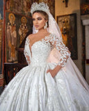 White Satin A-line Lace V-neck Wedding Dresses With Long Sleeves-misshow.com
