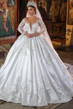 White Satin A-line Lace V-neck Wedding Dresses With Long Sleeves