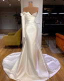 White Satin One Shoulder Long Mermaid Prom Dresses-misshow.com
