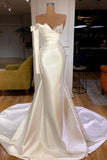White Satin One Shoulder Long Mermaid Prom Dresses-misshow.com