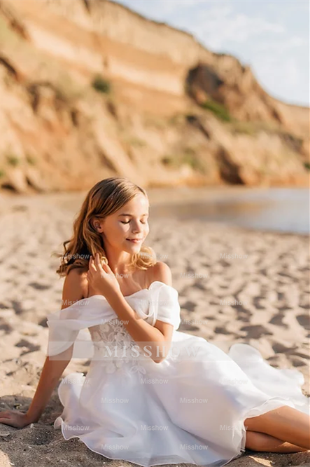 White Short Off-the-shoulder A-line Flower Girls Dress With Lace White Short Off-the-shoulder A-line Flower Girls Dress With Lace