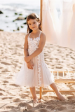 White Short Sleeveless A-line Straps Flower Girls Dress With Lace