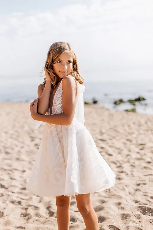 White Short Sleeveless Ball Gown Flower Girls Dress With Lace-misshow.com