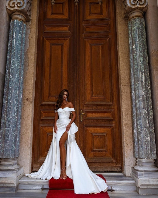 White Simple A-line Off-the-shoulder satin wedding dresses-misshow.com