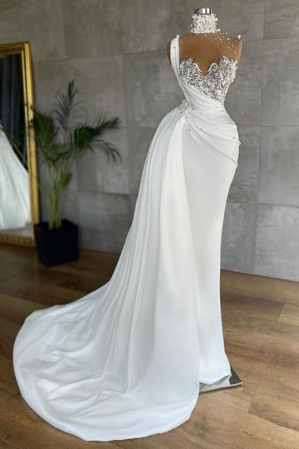 White Sleeveless Satin Beading Ruffles Mermaid Prom Dresses-misshow.com