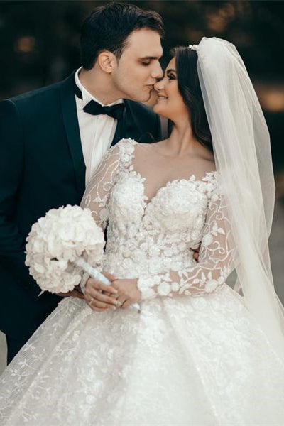 White Sweetheart A-line Long Sleeves Wedding Dress With Lace-misshow.com