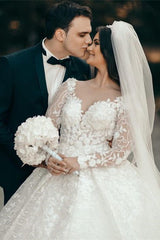 White Sweetheart A-line Long Sleeves Wedding Dress With Lace-misshow.com