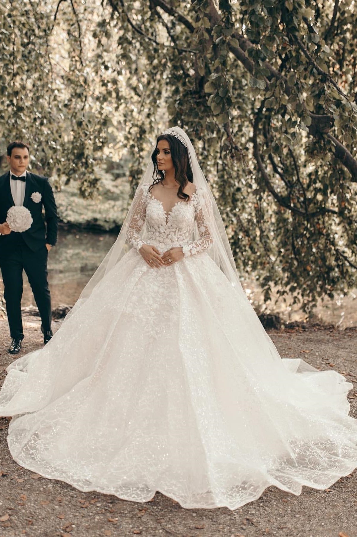 White Sweetheart A-line Long Sleeves Wedding Dress With Lace-misshow.com
