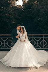 White Sweetheart A-line Long Sleeves Wedding Dress With Lace-misshow.com