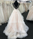 White Tulle V Neck Open Back Long Layered Wedding Dress-misshow.com